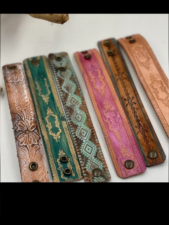 A Rare Bird Jewelry - #1537 A Rare Bird Handcrafted Tooled Leather Cuffs